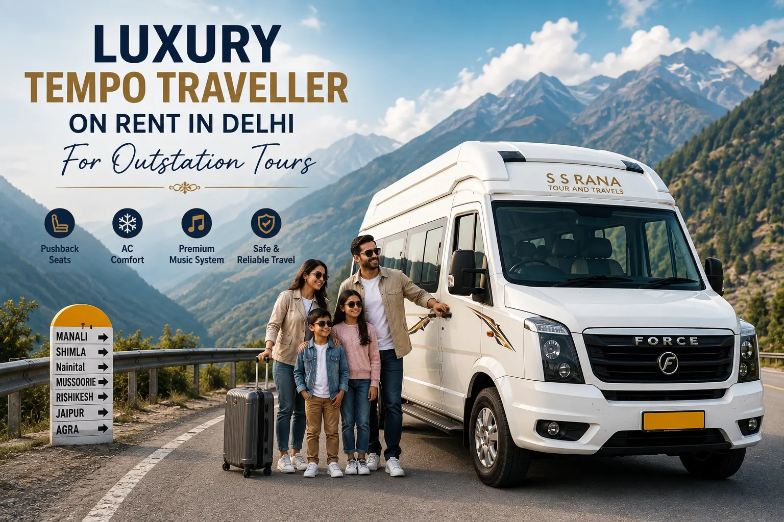 Luxury Tempo Traveller on Rent in Delhi for comfortable outstation tours with a family on a scenic mountain road.